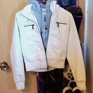 White Layered Leather Jacket with Hoodie